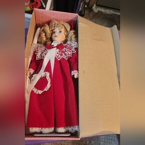 1996 Brinns -Elegant Red Porcelain Doll w With Lace Details